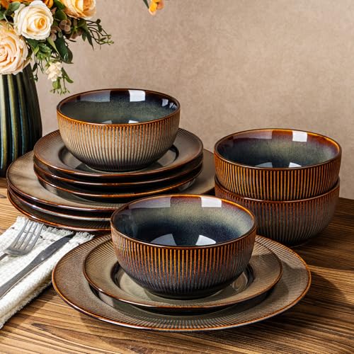 Image of TheTerra Stoneware Dinnerware Sets for 4, 12 Pieces Ceramic Plates and Bowls Sets, Scratch Resistant Embossed Dish Set, Oven, Microwave & Dishwasher Safe, Coca Mocha