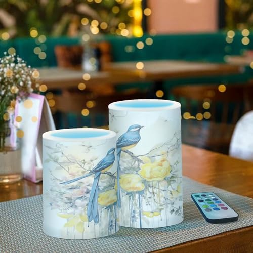 Image of Spring Blue Bird with Yellow Flowers Butterflies Flickering Flameless Candles Battery Operated with Remote Timer,Tea Light Candles LED Pillar Votive Candles set of 2 for Outdoor Indoor Decorations