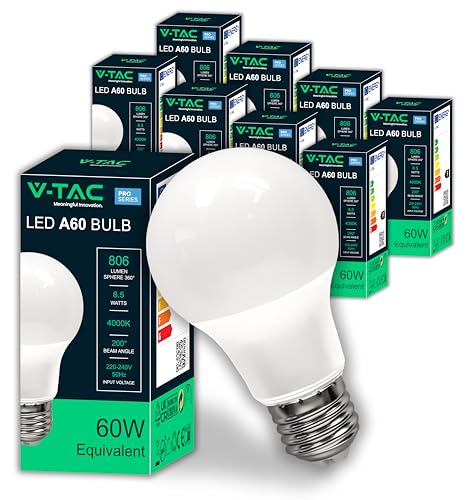 V-TAC 10x Bombillas LED E27 - [ Alta Eficiencia 8,5W ] - A60 - (Equivalentes a 60W) - Bombillas de Nueva Generación de Bajo Consumo - 806 Lúmenes - Luz Blanco Neutro 4000K