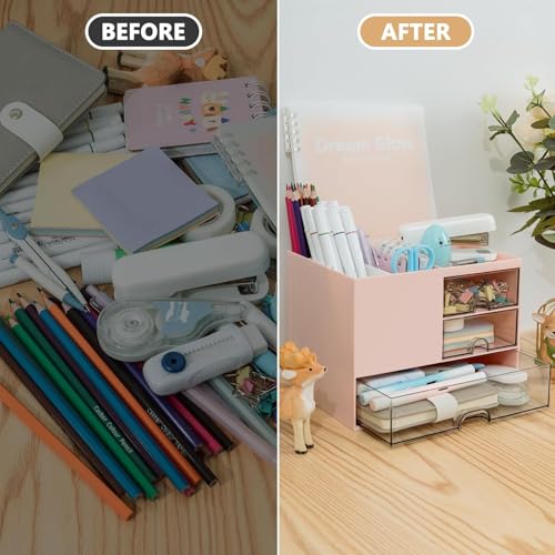 Image of Shuttle Art Desk Organizer with Drawers for Office & Study | Multi-Functional Stationery Drawers for Students, Home Office, Makeup & Accessories | Cute Aesthetic Pen Holder Stand with Storage (Pink)