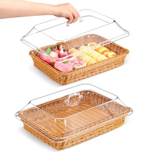 Mumufy 2 Pack Wicker Large Bread Basket for Serving with Acrylic Lid Woven Rectangular Imitation Rattan Fruit Basket with Cover Food Vegetable Display Tabletop Restaurant Kitchen(15.75x11.81'')