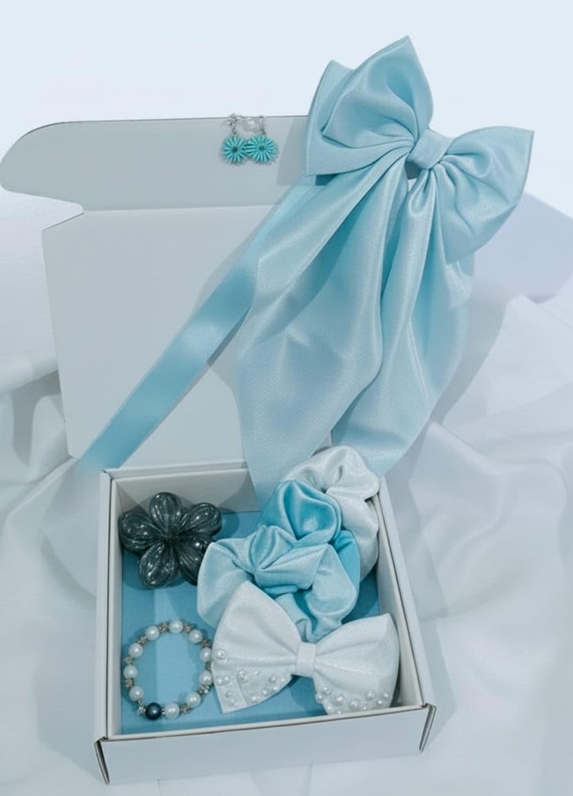 Gift Hamper Box with Sky Blue Satin Accessories Pack of 8 Gift Set for Women and Girls Satin Scrunchies Bow Hair Scarf Pearl Clip Earring Clutch Bracelet-image-42