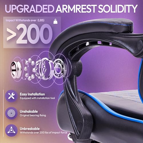 Dowinx Gaming Chair with Massage Lumbar Support and Footrest, Video Game Chair for Adults, Adjustable Ergonomic Gamer Chairs High Back with Pocket Spring Cushion, Swivel Recliner, Black and Blue - Thumbnail 5