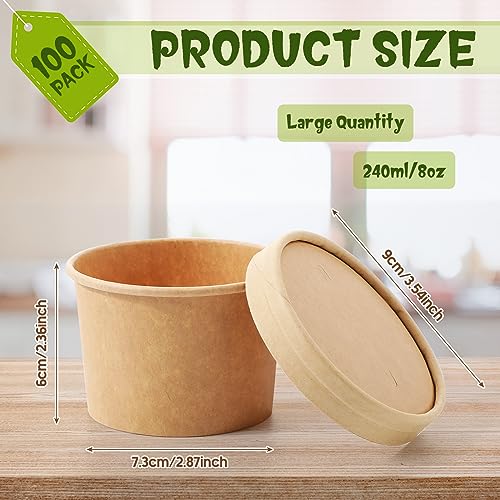 Image of Fulmoon 8 oz 100 Pack Paper Containers with Lids Soup Bowl Cup, Brown | Disposable Ice Cream Cup, Kraft Food Containers with Vented Lid Stackable for Hot Soup Dessert Cake Fruit Microwave Takeout