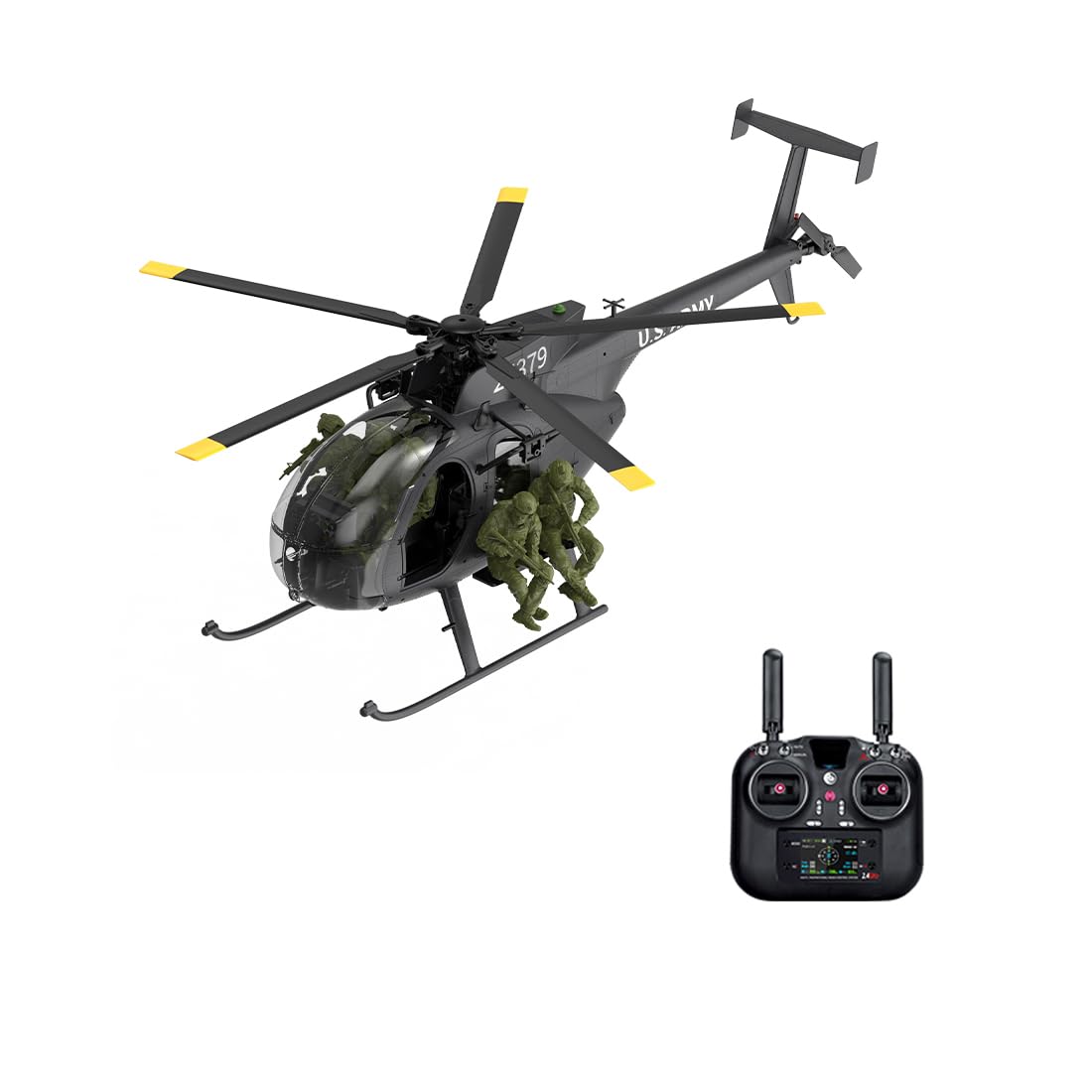 Elicottero RC 1:16, 2,4 GHz, 9 canali, elicottero militare Little Bird con rotore a 5 pale Flybarless, GPS, 6G/3D, flusso ottico e motore brushless + 6 action figures