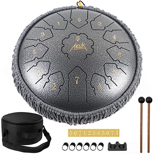 Bęben językowy, AKLOT Tongue Drum 30 cm, 13 dźwięków, ręczny bęben Handpan, stalowy bęben językowy C-dur, bęben językowy ze stali nierdzewnej z pałeczkami, naklejką, ochroną palców, uchwytem na