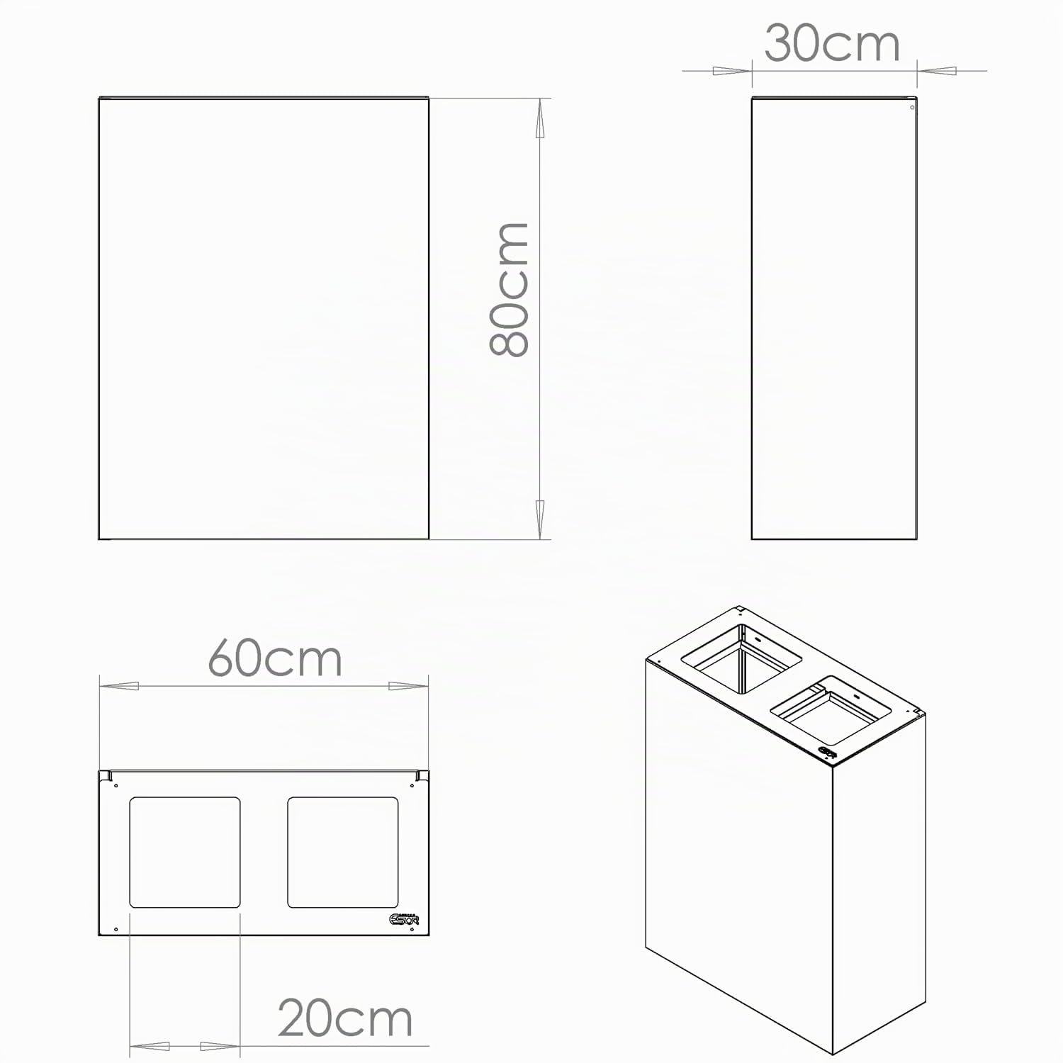Contenitore raccolta differenziata in acciaio verniciato, Mobile pattumiera da esterno con 2 scomparti, capacità 120 litri, bidone resistente alle intemperie, L60 x P30 x H80 cm (ANTRACITE 7016)