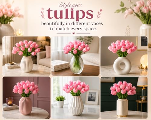 Image of Pink Olive 5 Pcs Artificial Tulip Flower Bunches for Vase | Silk Faux Flowers for Home Decor, Table Centerpiece, Living Room, Bedroom, Wedding Party, Gift (Vase Not Included)