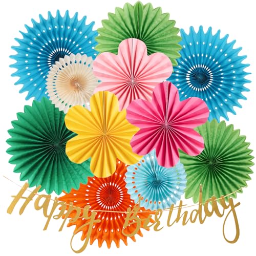Image of PAPER JAZZ Flowers Paper Birthday Party Decorations Happy Birthday Banners Red and Blue Paper Fans Classroom Decor Flower Wall Decor Hanging Ceiling Decorations