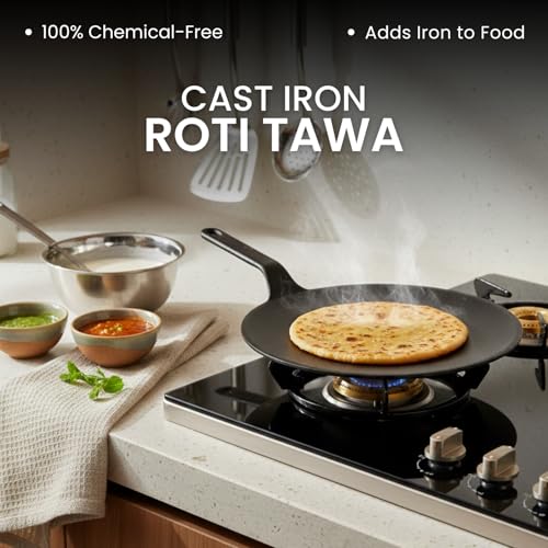 Image of Omichef Premium Cast Iron Tawa for Roti & Dosa | 25.5 cm / 10 Inch Heavy Tawa (2kg) | Induction Friendly | Naturally Non-Stick, 100% Pure & Toxin-Free | No Chemical Coating