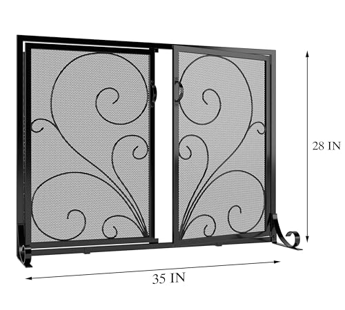 Calidola Fireplace Screen with Double Doors, Heavy Duty Solid Steel Frame, Metal Mesh Spark Guard, Baby Proof Fireplace Gate, Decorative Black Wrought Iron Safety Screen for Wood Stoves and Fireplaces
