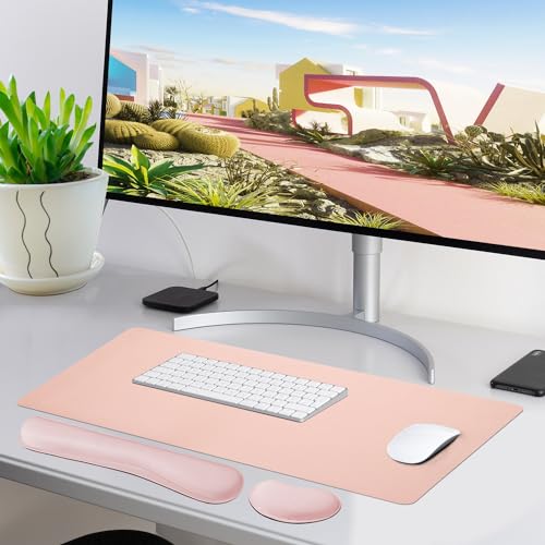 Image of Bloss Leather Desk Pad and Keyboard Wrist Rest, Large Mouse Pad + Keyboard Pad+Mouse Wrist Support, Non-Slip Desk Mat Protector for Office, Home(31.5x15.7 Inches,Pink)