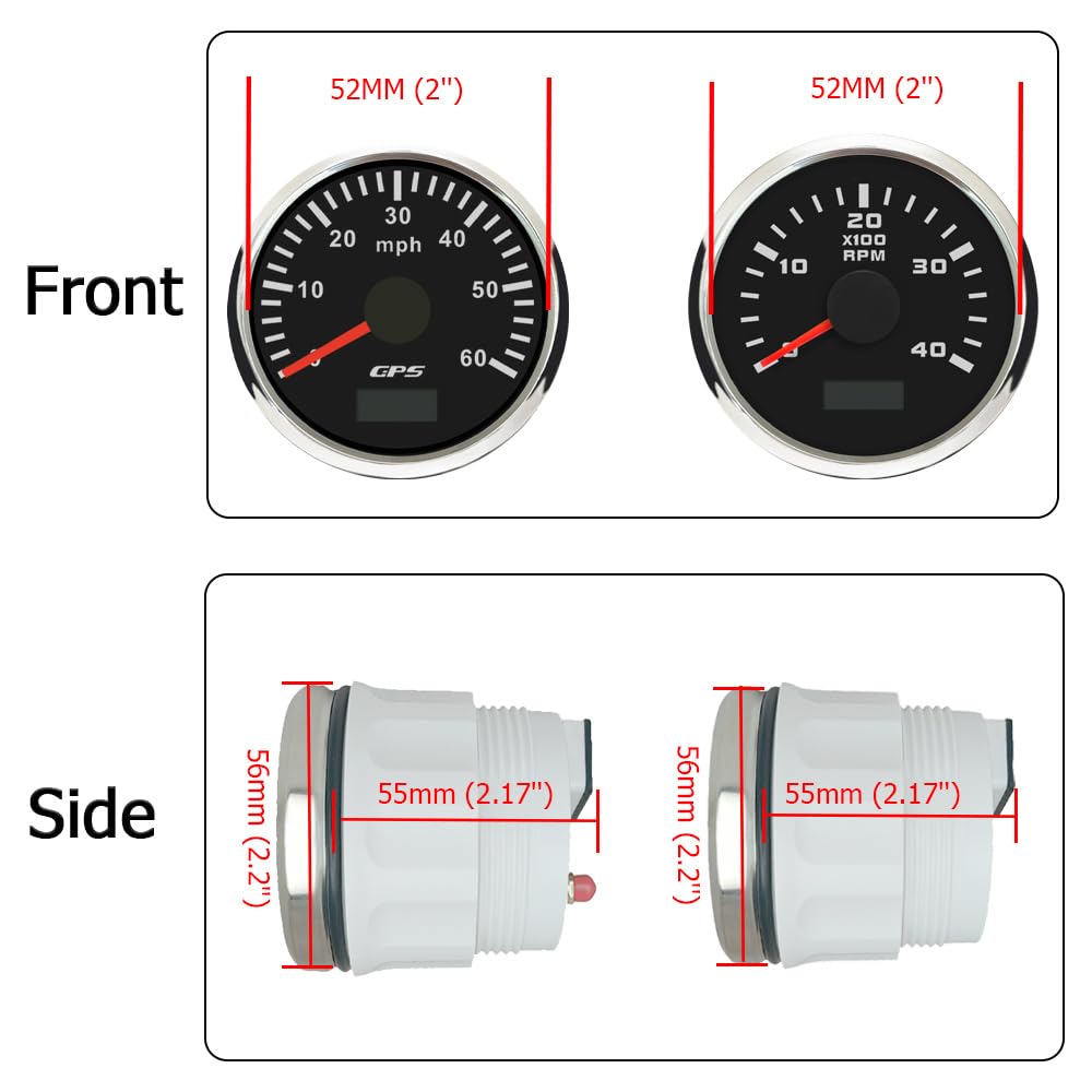 ELING Velocímetro GPS de 52 mm 0 – 60 MPH con 4000 rpm tacómetro velocímetro con contador de horas de funcionamiento retroiluminado 12 V 24 V para excavadora de barcos