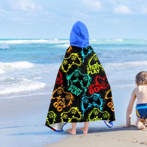 Image of Video Gamer Boys Beach Towel with Hoodie for Kids Toddlers Age 4-8,Game Controller Black Bath Towels Shower Wrap for Boys, Hooded Poncho Beach Blanket for Pool Swimming Wearable Bath Towel for Child