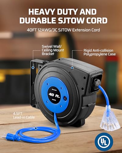 Dewenwils VCD-14 Heavy Duty Cord Reel, 40Ft Retractable Extension Power Cord thumb #5
