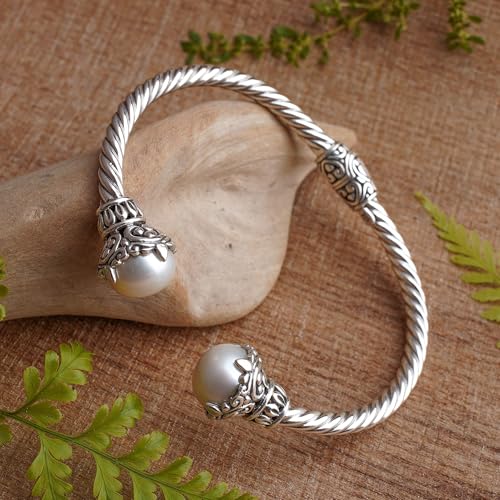 NOVICA Artisan Handmade Cultured Freshwater Pearl Cuff Bracelet .925 Sterling Silver from Indonesia 'Sterling Rope'2