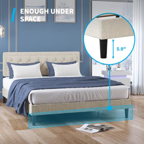 Mjkone Queen Size Flat Bed Frame, Linen Fabric Upholstered Headboard With Button Tufted For Bedroom, Apartment, Modern Design, No Box Spring Needed - Beige #TOP4