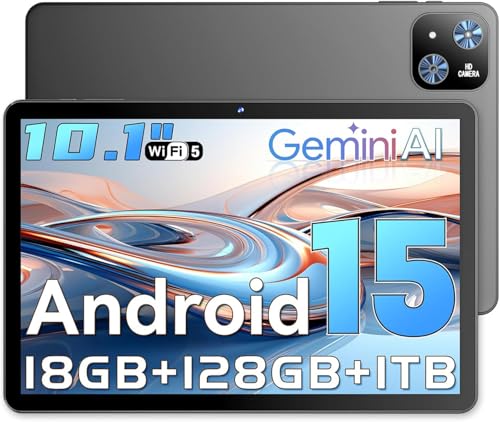 Tablet 10 Pulgadas, Tablet Android 15 con Gemini AI,18 GB RAM + 128 GB ROM + 1 TB TF, Quad Core, Pantalla Táctil IPS HD 1280x800, Batería 6000 mAh, Widevine L1, WiFi 5G & BT 5.0, Cámara 8MP + 5MP