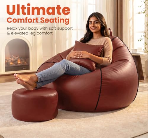 Image of Sattva Piping 4XL Sofa Style Bean Bag Chair with Beans Filled | Faux Leather Bin Bags Set with Footstool & Cushion | Large Beam Bag for Adults, Teens, Home & Living Room - Tan with Black Piping