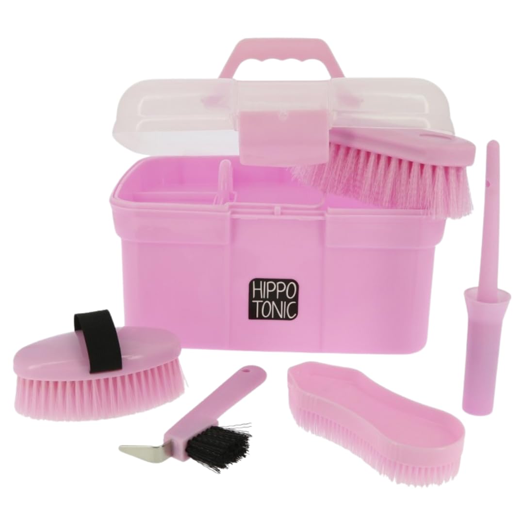 RL24 - Kinder Putzbox für Pferde Hippo-Tonic | Putzkasten mit Hufkratzer, Hufpinsel, Kardätsche & Pferdebürsten | Putzkiste in Rosa | Putzkoffer für Pferde | Pferdepflege Set 5-teilig