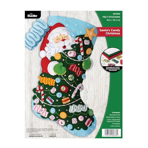 Image of Bucilla Felt Applique 18 inch Stocking Making Kit, Santa's Candy Christmas, Perfect for DIY Arts and Crafts