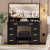 Joankaren 42" LED Makeup Vanity Desk with Large Mirror, 8 Drawers, Charging Station & Glass Top, Modern Dressing Table with Storage Stool for Bedroom, Black