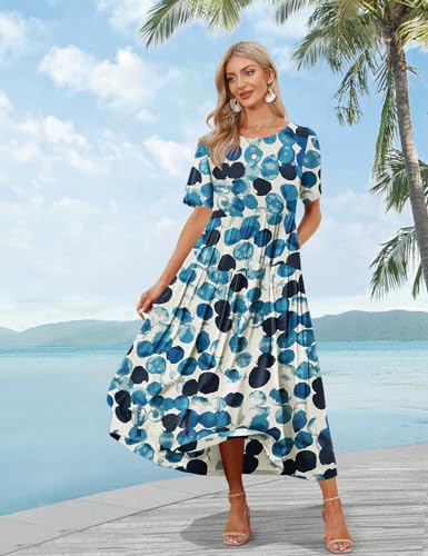 Image of YESNO Women Casual Loose Bohemian Floral Dress with Pockets Short Sleeve Long Maxi Summer Beach Swing Dress EJF