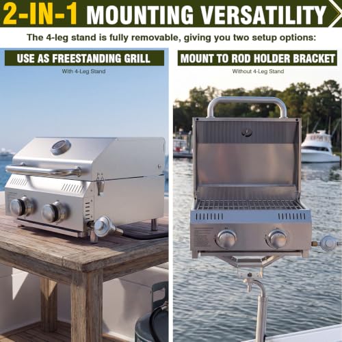 Image of BESTFIRE Marine Boat Grill 20000 BTU 304SS Rod Mount | 304 stainless steel | Fits 15 /30 /90 rod holders | Dual propane connections | Removable 4-leg stand | Saltwater-ready
