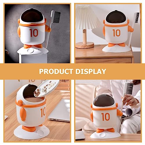 Image of Astronaut Trash Can Cute Mini Desktop Dustbin Smooth Flip Lid Small Garbage Can For Office Desktop Coffee Table Kitchen Tiny Waste Bin Small Basket Manual-Lift With Brush (Orange,1-Pcs)