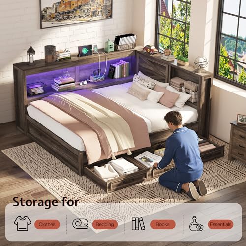 Jocisland Twin Corner Storage Bed Frame, Farmhouse Barn Door Style with Side Bookcase & Under-Bed Drawers, Charging Station & LED Lights, for Kids Bedroom, No Box Spring Needed, Grey - Image 7