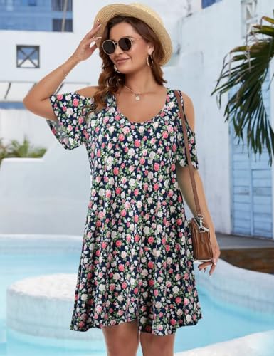 Image of JollieLovin Womens Plus Size Short Sleeve Cold Shoulder V Neck T-Shirt Dress with Pockets