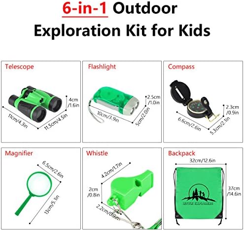 6Pcs Kids Binoculars Set, Outdoor Adventure Toys with Children Binocular, Hand Crank Flashlight, Compass, Magnifying Glass, Whistle, and Exploration Backpack for Bird Watching, Camping, Hiking Birthday Christmas Gift (Green) 4 51pBS76ydKL. AC
