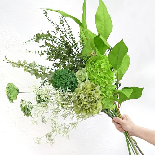Image of FiveSeasonStuff Elegant Green Artificial Bouquet-Hydrangea, Rose & Camellia Blooms with Baby's Breath and Greenery Stems for Vases, Centerpieces, Weddings & Home Styling