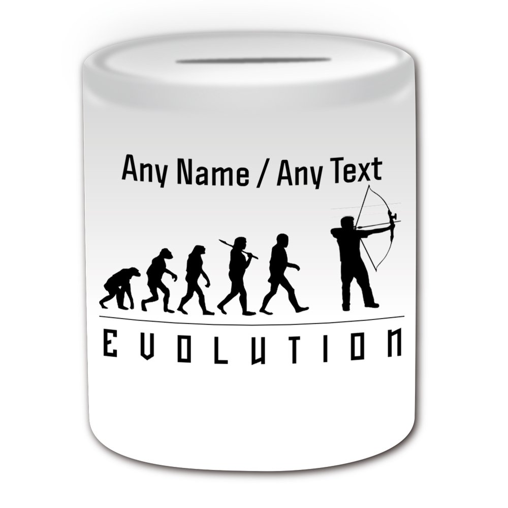 Personalised Gift - Archery Money Box (Evolution Design White) Any Name Message on Unique - Team Player Outline Contour Game Sport Bow Arrow Archer Bowman Toxophilite