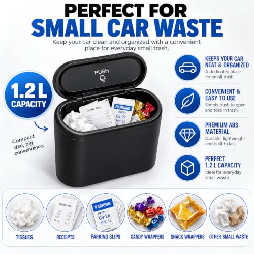 Image of Mini Car Trash Bin with Lid, Hanging Vehicle Dustbin with Back Clip and Push-Open Clamshell Design for Door Panel, Seat Back and Interior Storage