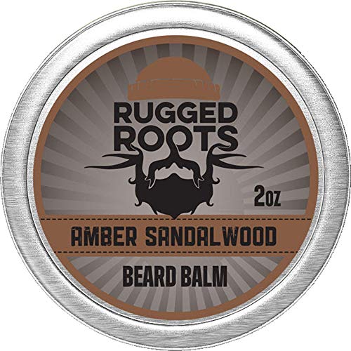 Beard Balm for Men by Rugged Roots - Hair Nourishing Beard Balm with Amber Sandalwood Scent for Healthy Shiny Beards - Encourage Beard Growth and Strengthen Hair - Small Stocking Stuffers for Men