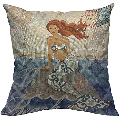 oFloral Mermaid Throw Pillow Case Sea Theme Pillow Cover Square Cotton Linen Cushion Cover for Home Sofa Bedroom Decorative 18"X18" Blue Yellow Brown Cover