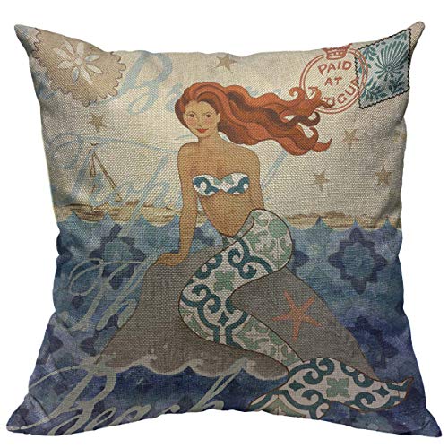 oFloral Mermaid Throw Pillow Case Sea Theme Pillow Cover Square Cotton Linen Cushion Cover for Home Sofa Bedroom Decorative 18"X18" Blue Yellow Brown