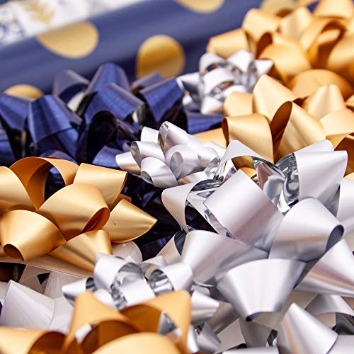 Gold + Silver + Blue Reversible Wrapping Paper Set: 4 Rolls (8 Designs) of Premium Gift Wrap (80 sq. ft.) with 30 Coordinated Bows, 2 Spools of Ribbon, and 24 Gift Tags - Thumbnail 6