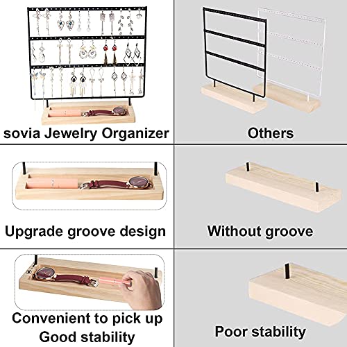 Sovia Earring Organizer 3-Tier 75 Holes Jewelry Organizer Display Stand,Metal Earring Holder With Wood Basic Stand,Necklace Holder Storage Tray For Ring,Earrings,Ear Stud,Bracelets(White) #TOP5