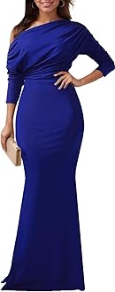 Women's Blue One Shoulder Prom Gown Mermaid Dresses Elegant Backless Evening Gown Long Sleeve Ruched Long Party Dress