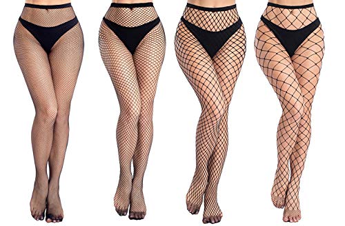 YFL High Waist Fishnet Tights Stockings  Womens Sexy Fishnets Thigh high Pantyhose 4 Pairs Different Models for Dance Party (black)
