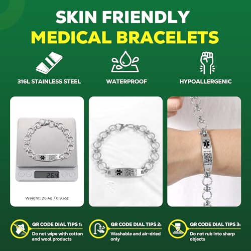 Upgraded Medical Bracelets with QR Code for Women Men Medical Alert Id Bracelet - Sterling Silver Small Code 7''-9'' - More Space Custom Emergency Medical ID Info2