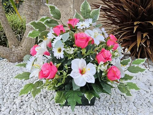 Roselynexpress Composition de Fleurs Artificielles, Lesté Ciment pour Une Très Bonne Tenue à L' extérieur. Réalisé par Nos Soins.