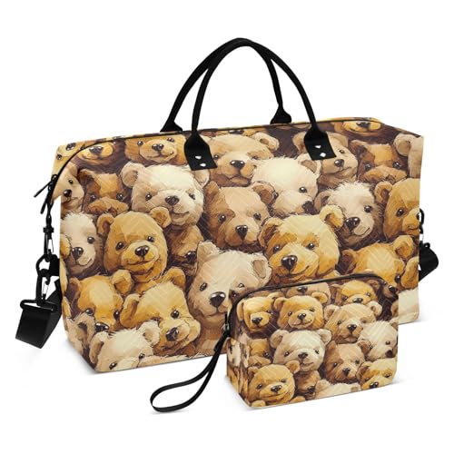 Travel Gym Bag, Brown Bear Pattern Weekender Overnight Duffle for Women with Toiletry Bag Travel Swim