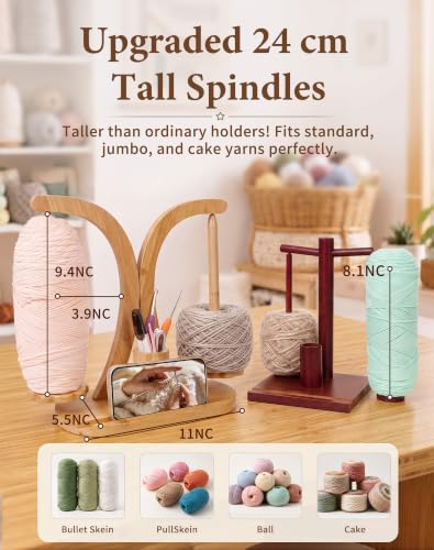 Image of SPEENSUN Tangle-Free Magnetic Double Yarn Holder for Crocheting | Upgraded Tall Spindles for Large Cake Yarns, Premium Bamboo, Smooth Magnetic Spinning, Phone Stand & Tool Organizer