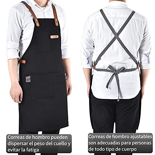 Pinji Delantal de Lona para Cocina, Delantal Ajustable con Bolsillos para Mujeres Hombres Diseño de la Cruz Trasera para… - Imagen 6