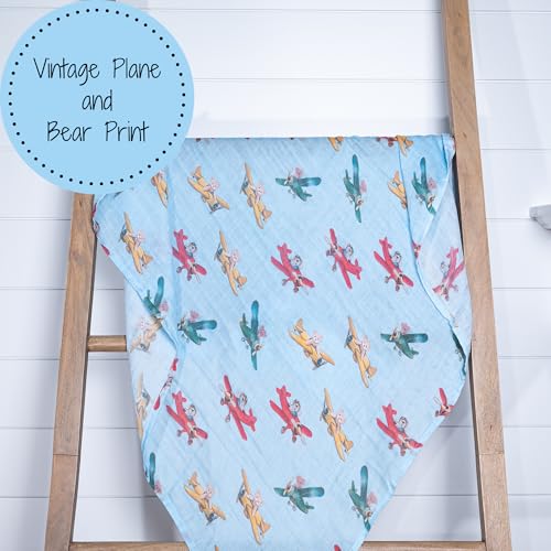 Image of LollyBanks Muslin Swaddle Blankets, 100% Cotton Breathable Baby Blanket for Boys and Girls, Soft and Lightweight 47 x 47 Inches Newborn Swaddle Wrap, Baby Essentials Must Haves (Plane and Bear Print)