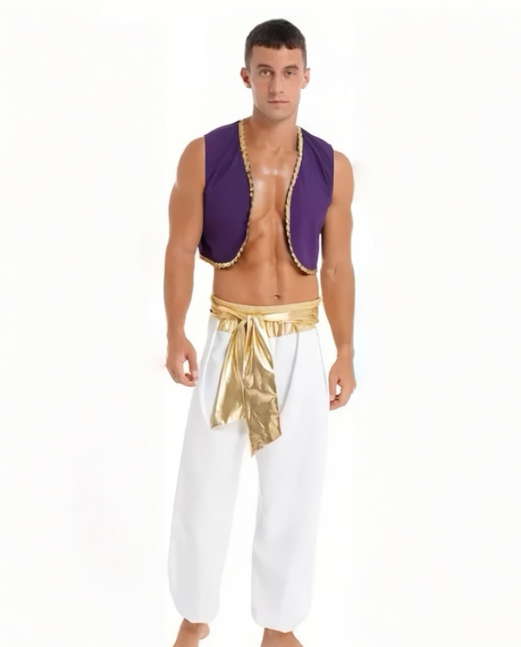 ZBH1985 Costume de prince arabe, gilet violet avec bordure dorée, pantalon blanc avec ceinture colorée