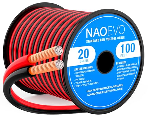 NAOEVO 20 Gauge Wire 100FT 2 Conductors Electrical Wire Red Black Cable Flexible/Low Voltage/PVC 20 AWG Copper Clad Aluminum Extension Cord for Speaker LED Strips Automotive 12V/24V DC